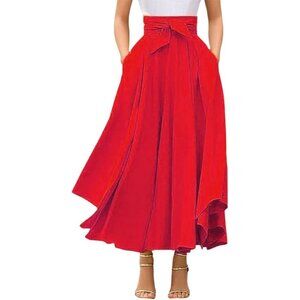 Women's Red Elegant High Waist Side Slit Irregular Bohemian Pockets Maxi Skirt